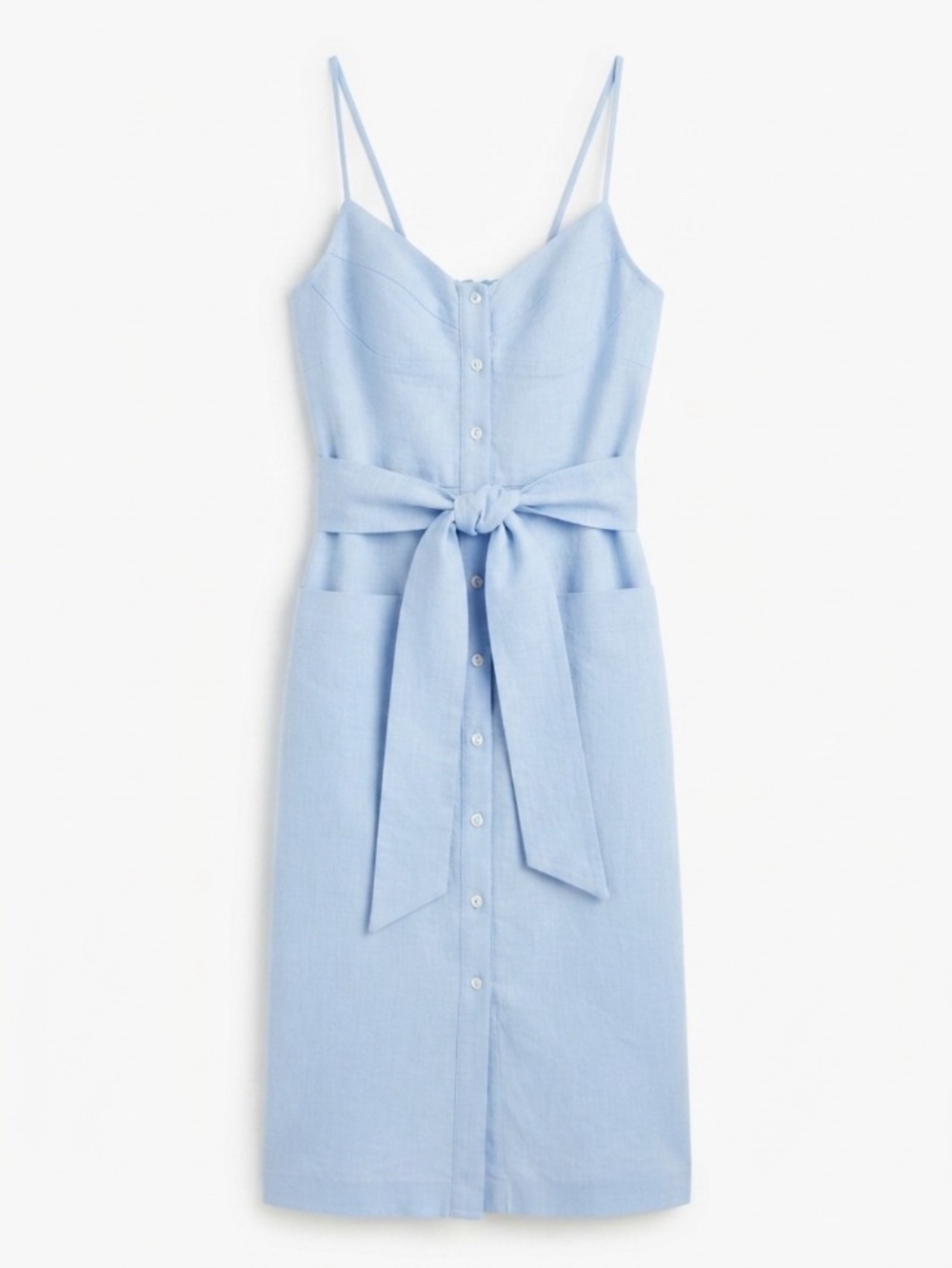 N / NICHOLAS Light Blue Linen-Blend Button-Front Midi Dress with Belt & Pocket